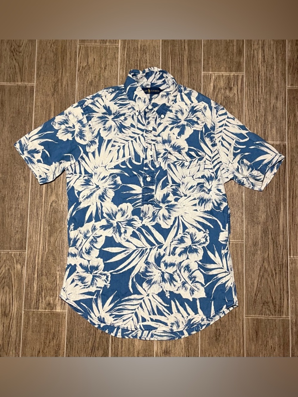 Ralph Lauren 100% Linen Button Shirt Pullover Camp Hawaiian Blue Mens Small
